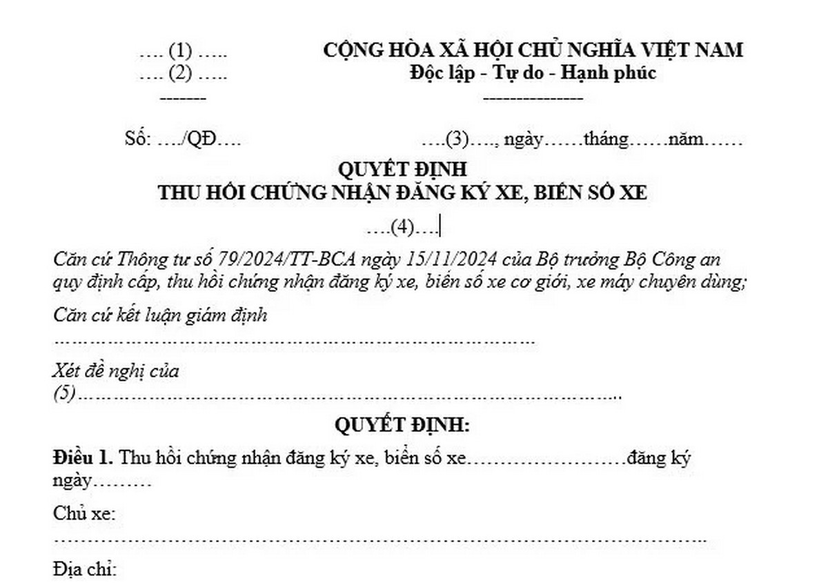 giay chung nhan dang ky thu hoi bien so Quyết định thu hồi đăng ký, biển số xe